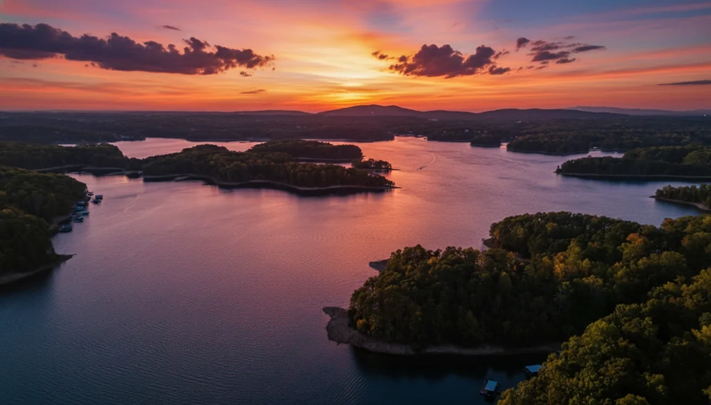 Aerial view of Lake Lanier coves at sunset, Forsyth County