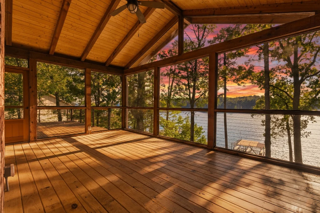 Screened porch over Lake Lanier at sunset at 5685 Cherokee Trace