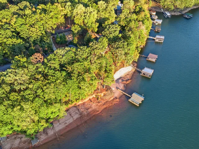 Private docks along the Lake Lanier shoreline from above