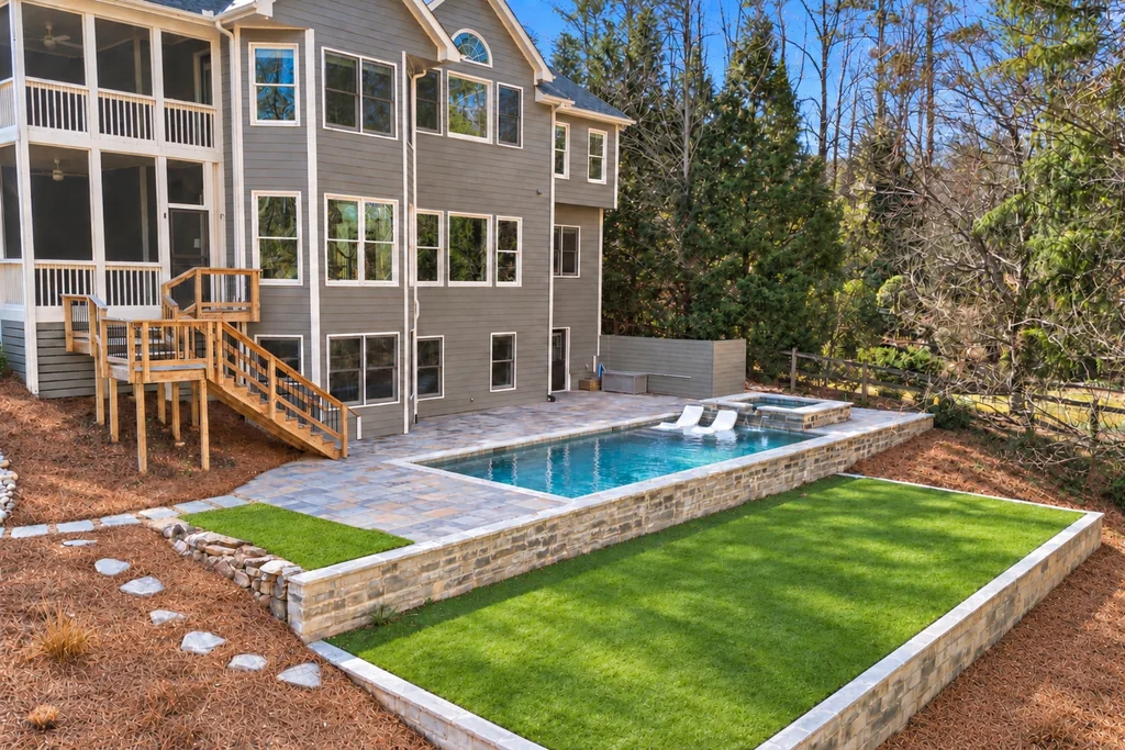 Backyard pool, spa and raised turf lawn behind 2755 Aldrich Drive
