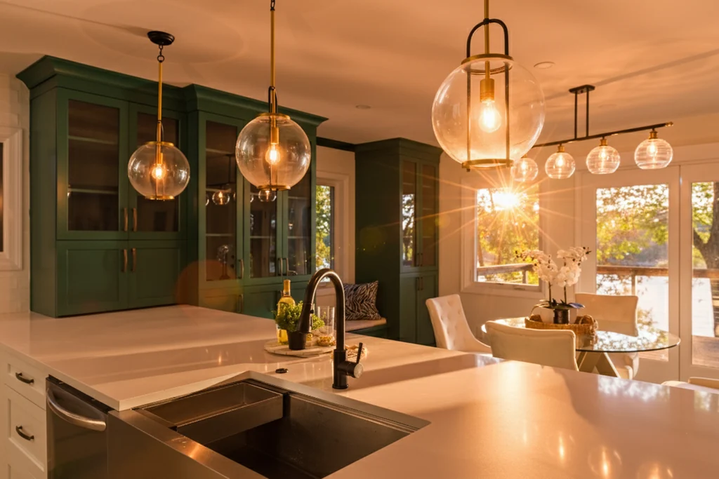 Kitchen with green cabinetry and glass pendants in golden evening light at 5685 Cherokee Trace
