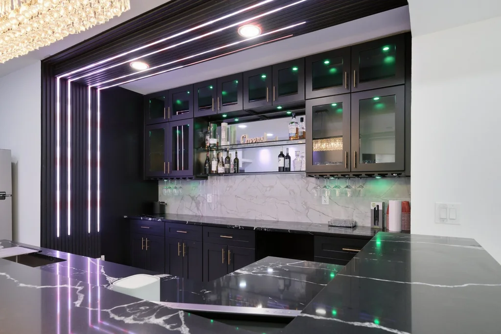 Black basement bar with neon light lines at 7605 Poppy Mill Lane
